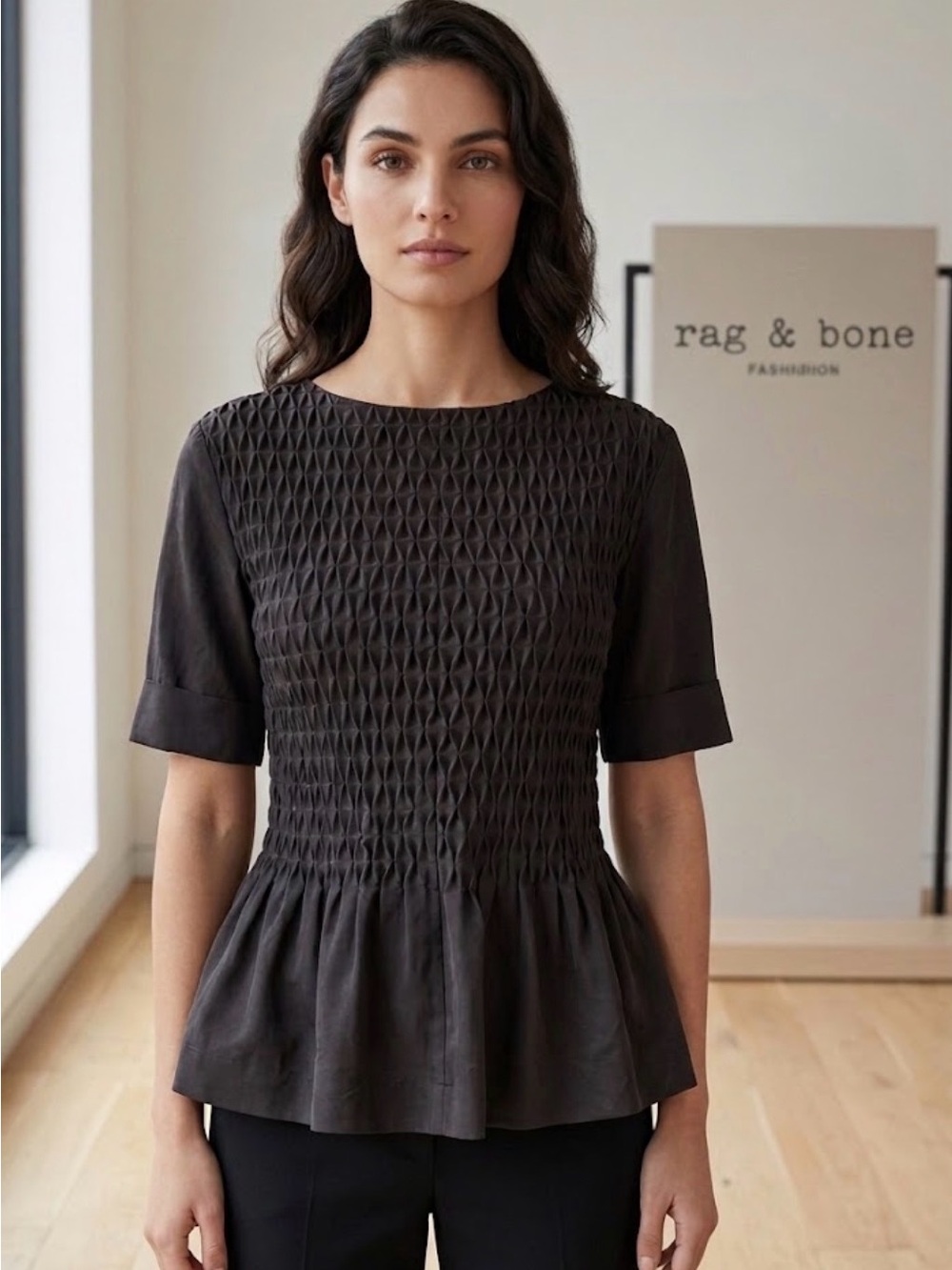 rag & bone Black Canadian Smocked Peplum Short-Cuffed-Sleeve Top - Sz XS